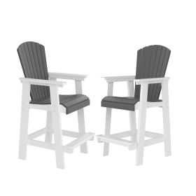 HDPE Bar Chair, Outdoor Tall Adirondack Chairs Set of 2, Patio Bar Stool Chair with High Back White + Gray, Set of 2