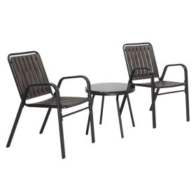 3-Piece Patio Bistro Table Set, Outdoor Furniture Set with 2 Stackable Patio Dining Chairs and Glass Table for Yard Balcony Porch, Black and Coffee