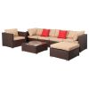 7 Pieces Wood Grain Patio PE Wicker Rattan Corner Sofa Set