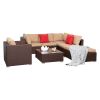 7 Pieces Wood Grain Patio PE Wicker Rattan Corner Sofa Set