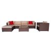 7 Pieces Wood Grain Patio PE Wicker Rattan Corner Sofa Set