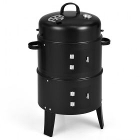 3-in-1 Charcoal BBQ Grill Cambo with Built-in Thermometer (Color: Black)